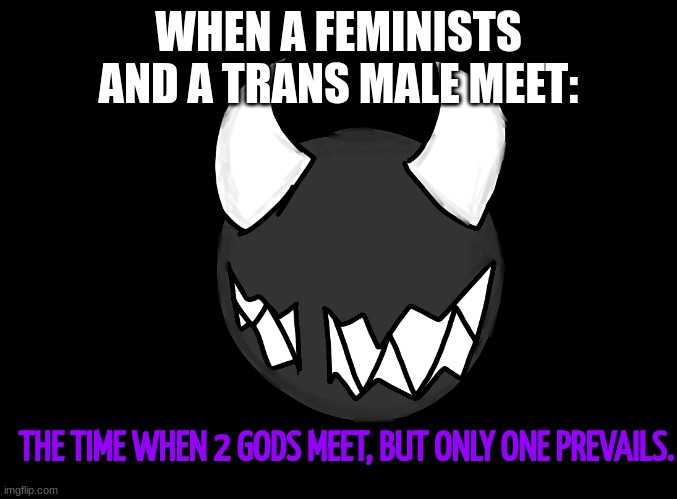 The Time When 2 Gods Meet, But Only 1 Prevails. | WHEN A FEMINISTS AND A TRANS MALE MEET: | image tagged in the time when 2 gods meet but only 1 prevails | made w/ Imgflip meme maker