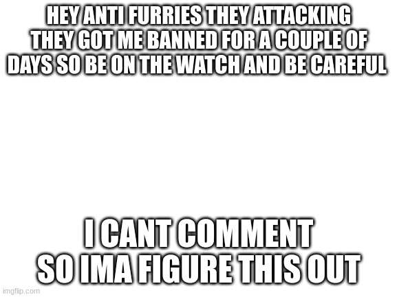 avenge me | HEY ANTI FURRIES THEY ATTACKING THEY GOT ME BANNED FOR A COUPLE OF DAYS SO BE ON THE WATCH AND BE CAREFUL; I CANT COMMENT SO IMA FIGURE THIS OUT | image tagged in blank white template | made w/ Imgflip meme maker