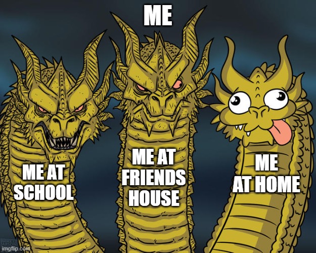 Three-headed Dragon | ME; ME AT FRIENDS HOUSE; ME AT HOME; ME AT SCHOOL | image tagged in three-headed dragon | made w/ Imgflip meme maker