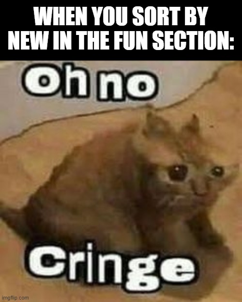 oH nO cRInGe | WHEN YOU SORT BY NEW IN THE FUN SECTION: | image tagged in oh no cringe | made w/ Imgflip meme maker