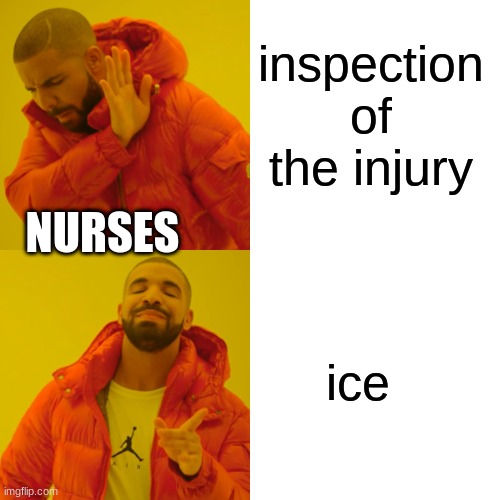 Drake Hotline Bling | inspection of the injury; NURSES; ice | image tagged in memes,drake hotline bling | made w/ Imgflip meme maker