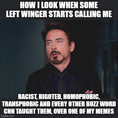 even more so when I get the little message saying why my creation wasn't featured   lmfao | HOW I LOOK WHEN SOME LEFT WINGER STARTS CALLING ME; RACIST, BIGOTED, HOMOPHOBIC, TRANSPHOBIC AND EVERY OTHER BUZZ WORD CNN TAUGHT THEM, OVER ONE OF MY MEMES | image tagged in stupid liberals,mods,political meme,political humor,funny memes | made w/ Imgflip meme maker