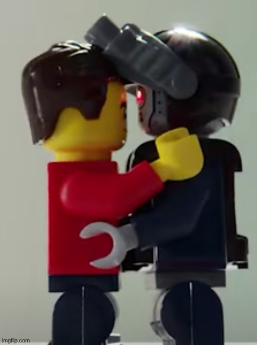 Lego man hugging a lego robot | image tagged in lego man hugging a lego robot | made w/ Imgflip meme maker