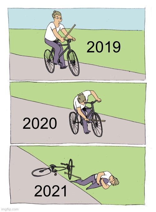 Image title | 2019; 2020; 2021 | image tagged in memes,bike fall | made w/ Imgflip meme maker