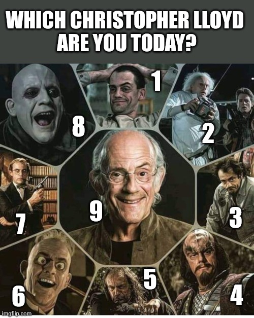 Which Christopher Lloyd are you today? | WHICH CHRISTOPHER LLOYD 
ARE YOU TODAY? 1; 8; 2; 9; 3; 7; 5; 4; 6 | image tagged in christopher lloyd,current mood,identify with,comparison,feels | made w/ Imgflip meme maker