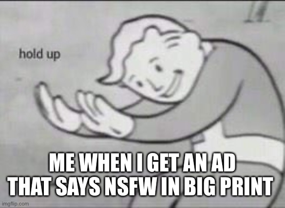 Fallout Hold Up | ME WHEN I GET AN AD THAT SAYS NSFW IN BIG PRINT | image tagged in fallout hold up | made w/ Imgflip meme maker