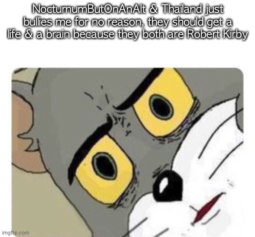 Shocked Tom | NocturnumButOnAnAlt & Thailand just bullies me for no reason, they should get a life & a brain because they both are Robert Kirby | image tagged in shocked tom | made w/ Imgflip meme maker