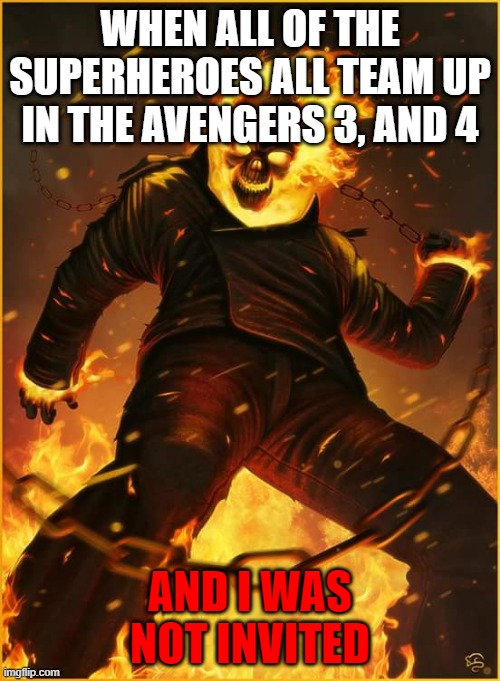 Ghost Rider fight | WHEN ALL OF THE SUPERHEROES ALL TEAM UP IN THE AVENGERS 3, AND 4; AND I WAS NOT INVITED | image tagged in ghost rider fight,avengers,avengers endgame,avengers infinity war | made w/ Imgflip meme maker