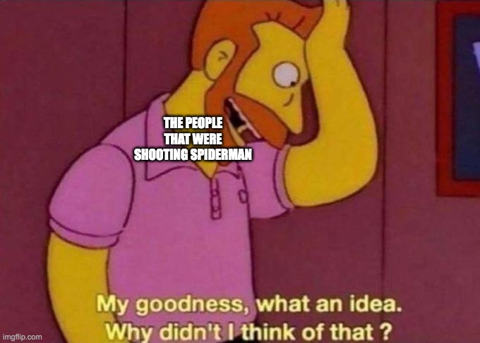 My goodness, what an idea. Why didn't I think of that? | THE PEOPLE THAT WERE SHOOTING SPIDERMAN | image tagged in my goodness what an idea why didn't i think of that | made w/ Imgflip meme maker