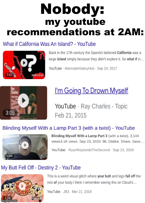 my recommendations are way worse than this if u catch my drift | Nobody:; my youtube recommendations at 2AM: | image tagged in bigass red blank template | made w/ Imgflip meme maker