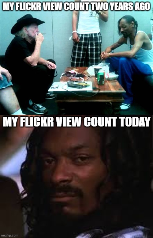 Flickr Views | MY FLICKR VIEW COUNT TWO YEARS AGO; MY FLICKR VIEW COUNT TODAY | image tagged in snoop and willie,mad snoop dogg,flickr,view counts | made w/ Imgflip meme maker