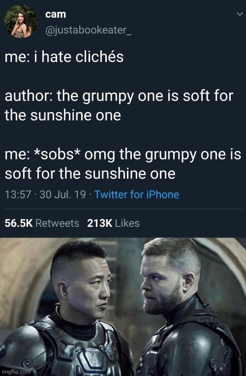 The grumpy one is soft for the sunshine one Expanse | image tagged in friendship,sci-fi,grumpy,sunshine,cliche | made w/ Imgflip meme maker