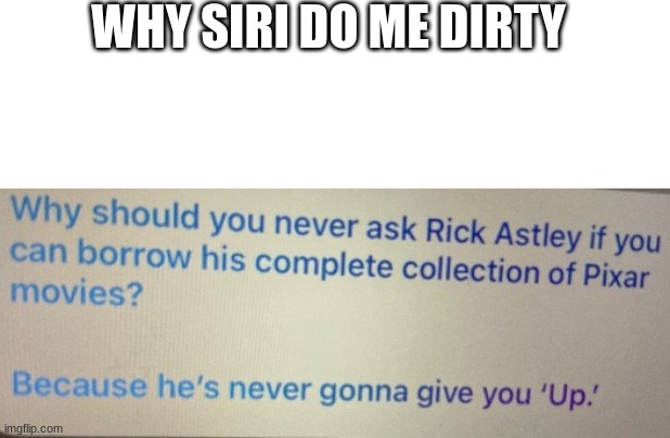 WHY | WHY SIRI DO ME DIRTY | image tagged in blank white template,memes,funny,rick astley,siri | made w/ Imgflip meme maker