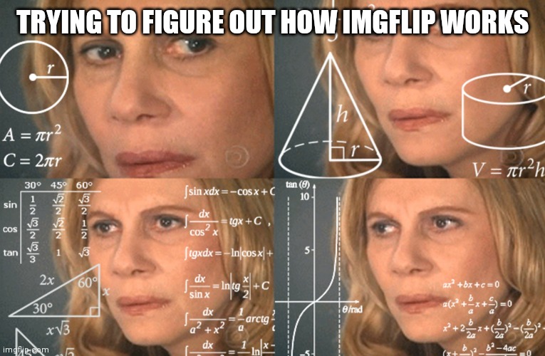 CONFUSED MATH LADY | TRYING TO FIGURE OUT HOW IMGFLIP WORKS | image tagged in confused math lady | made w/ Imgflip meme maker