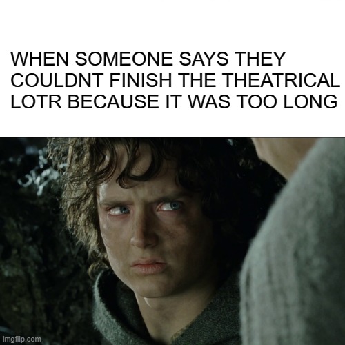Theatrical LOTR |  WHEN SOMEONE SAYS THEY COULDNT FINISH THE THEATRICAL LOTR BECAUSE IT WAS TOO LONG | image tagged in lotr,lord of the rings | made w/ Imgflip meme maker