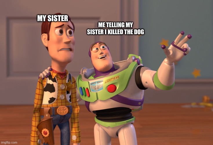 X, X Everywhere | MY SISTER; ME TELLING MY SISTER I KILLED THE DOG | image tagged in memes,x x everywhere | made w/ Imgflip meme maker
