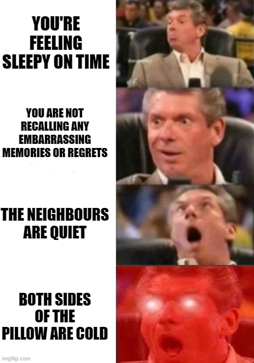 YES! | YOU'RE FEELING SLEEPY ON TIME; YOU ARE NOT RECALLING ANY EMBARRASSING MEMORIES OR REGRETS; THE NEIGHBOURS ARE QUIET; BOTH SIDES OF THE PILLOW ARE COLD | image tagged in mr mcmahon reaction | made w/ Imgflip meme maker