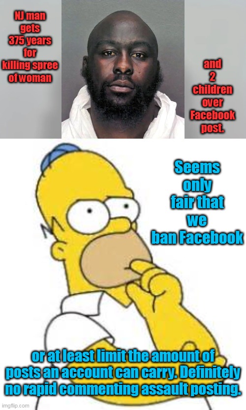 People don't kill people, Facebook does. | NJ man gets 375 years for killing spree of woman; and 2 children over Facebook post. Seems only fair that we ban Facebook; or at least limit the amount of posts an account can carry. Definitely no rapid commenting assault posting. | image tagged in homer simpson hmmmm,fb ban,assault fb,extended comments,liberals,democrats | made w/ Imgflip meme maker