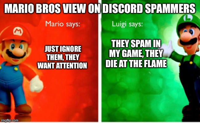 MARIO BROS VIEW ON DISCORD SPAMMERS; THEY SPAM IN MY GAME, THEY DIE AT THE FLAME; JUST IGNORE THEM, THEY WANT ATTENTION | image tagged in memes | made w/ Imgflip meme maker