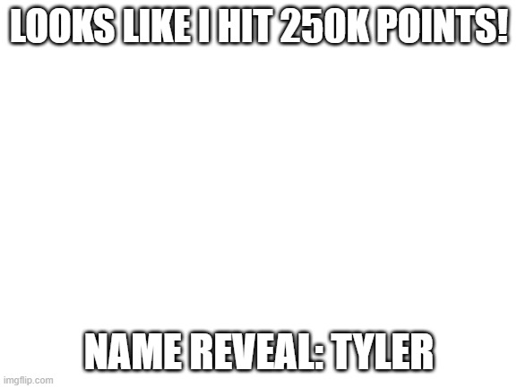 Yup, that's it! | LOOKS LIKE I HIT 250K POINTS! NAME REVEAL: TYLER | image tagged in blank white template,memes,pokemon,thanks for 250k points,name reveal,why are you reading this | made w/ Imgflip meme maker