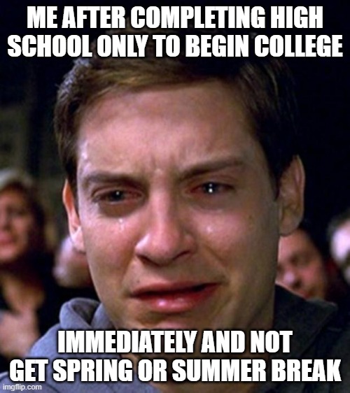 i hate college | ME AFTER COMPLETING HIGH SCHOOL ONLY TO BEGIN COLLEGE; IMMEDIATELY AND NOT GET SPRING OR SUMMER BREAK | image tagged in crying peter parker | made w/ Imgflip meme maker
