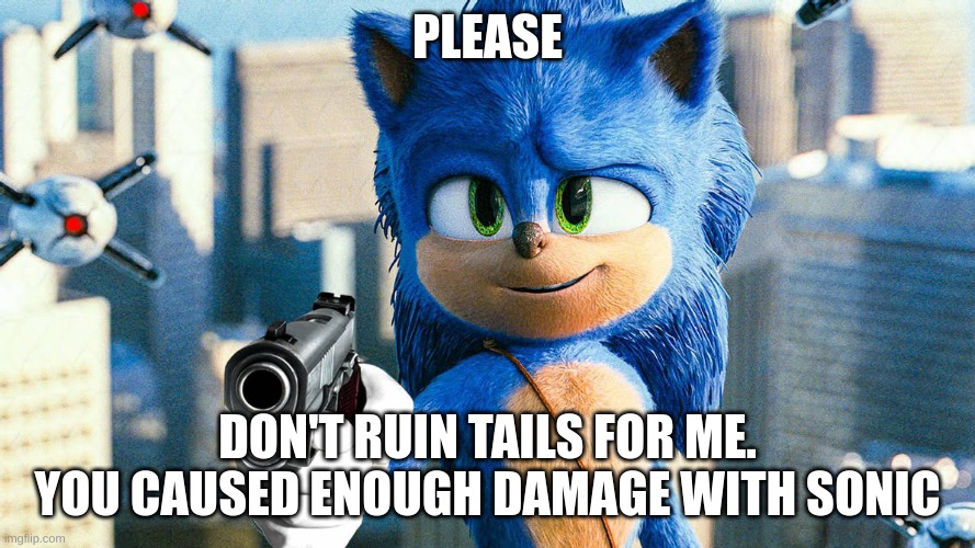 sonic with a gun | PLEASE DON'T RUIN TAILS FOR ME. YOU CAUSED ENOUGH DAMAGE WITH SONIC | image tagged in sonic with a gun | made w/ Imgflip meme maker