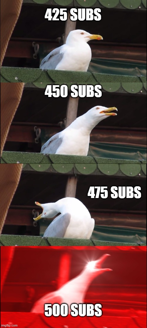 Road to 500 subs/community tab be like | 425 SUBS; 450 SUBS; 475 SUBS; 500 SUBS | image tagged in memes,inhaling seagull,subscribe,youtube | made w/ Imgflip meme maker