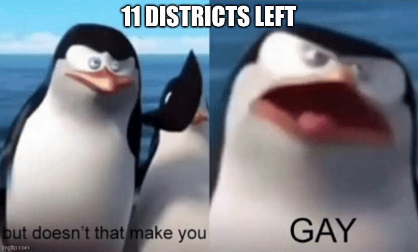 E | 11 DISTRICTS LEFT | image tagged in but doesn't that make you gay | made w/ Imgflip meme maker