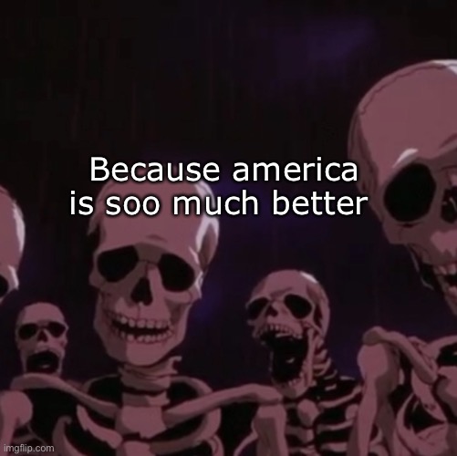 roasting skeletons | Because america is soo much better | image tagged in roasting skeletons | made w/ Imgflip meme maker