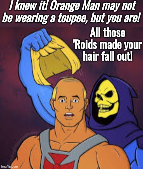 Skeletor knew it! Bald He Man | I knew it! Orange Man may not be wearing a toupee, but you are! All those 'Roids made your hair fall out! | image tagged in he man wears a toupee skeletor big reveal | made w/ Imgflip meme maker
