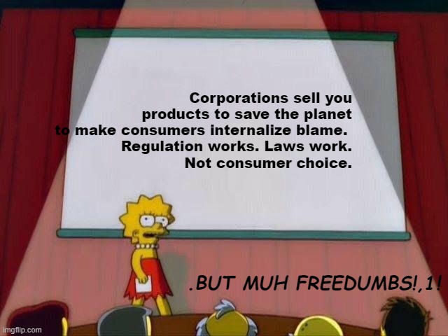 Lisa Simpson's Presentation | Corporations sell you products to save the planet to make consumers internalize blame. 
Regulation works. Laws work.
Not consumer choice. .BUT MUH FREEDUMBS!,1! | image tagged in lisa simpson's presentation,ClimateMemes | made w/ Imgflip meme maker