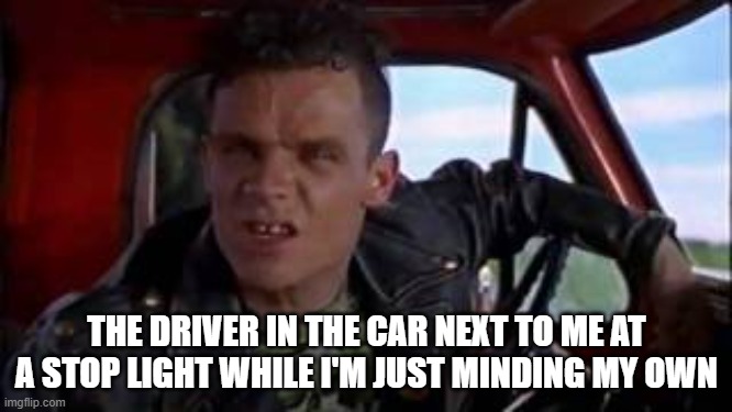 Flea-BTTF | THE DRIVER IN THE CAR NEXT TO ME AT A STOP LIGHT WHILE I'M JUST MINDING MY OWN | image tagged in flea-bttf,driver,traffic light,mind your own business | made w/ Imgflip meme maker