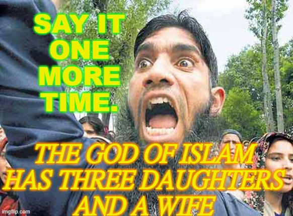 The God of Islam has three daughters and a wife | SAY IT
ONE
MORE
TIME. THE GOD OF ISLAM
HAS THREE DAUGHTERS
AND A WIFE | image tagged in angry jihadi | made w/ Imgflip meme maker