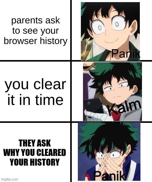 Panik Deku | parents ask to see your browser history; you clear it in time; THEY ASK WHY YOU CLEARED YOUR HISTORY | image tagged in panik deku | made w/ Imgflip meme maker