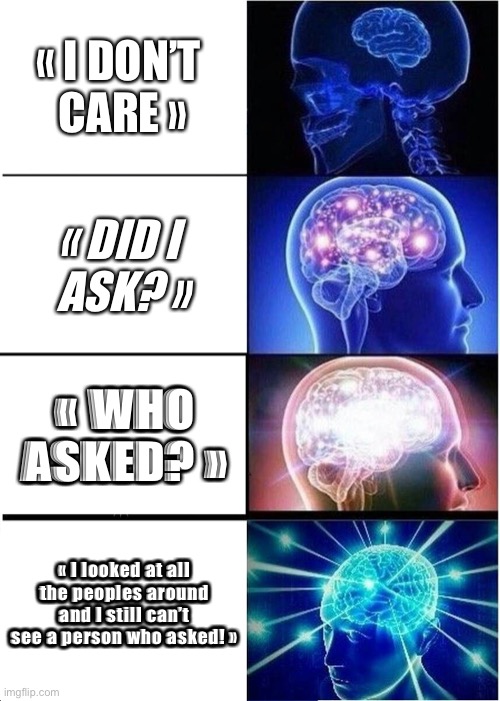Expanding Brain Meme | « I DON’T 
CARE »; « DID I 
ASK? »; « WHO ASKED? »; « I looked at all the peoples around and I still can’t see a person who asked! » | image tagged in memes,expanding brain | made w/ Imgflip meme maker