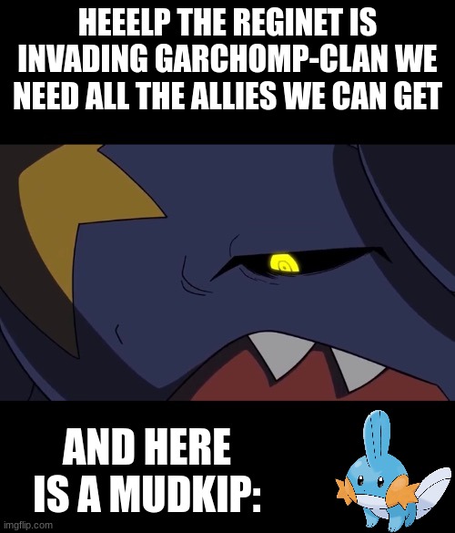 we need all the help we can get | HEEELP THE REGINET IS INVADING GARCHOMP-CLAN WE NEED ALL THE ALLIES WE CAN GET; AND HERE IS A MUDKIP: | image tagged in that thing was made by satan himself,mudkip,garchomp | made w/ Imgflip meme maker