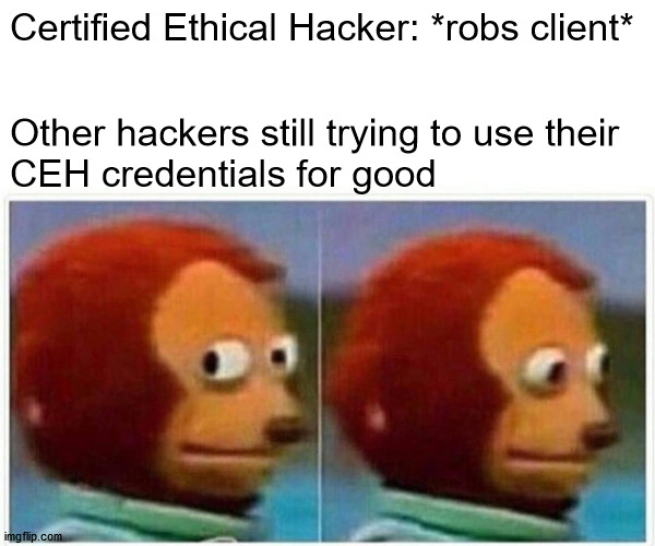 So much for that cert | Certified Ethical Hacker: *robs client*; Other hackers still trying to use their 
CEH credentials for good | image tagged in memes,monkey puppet | made w/ Imgflip meme maker