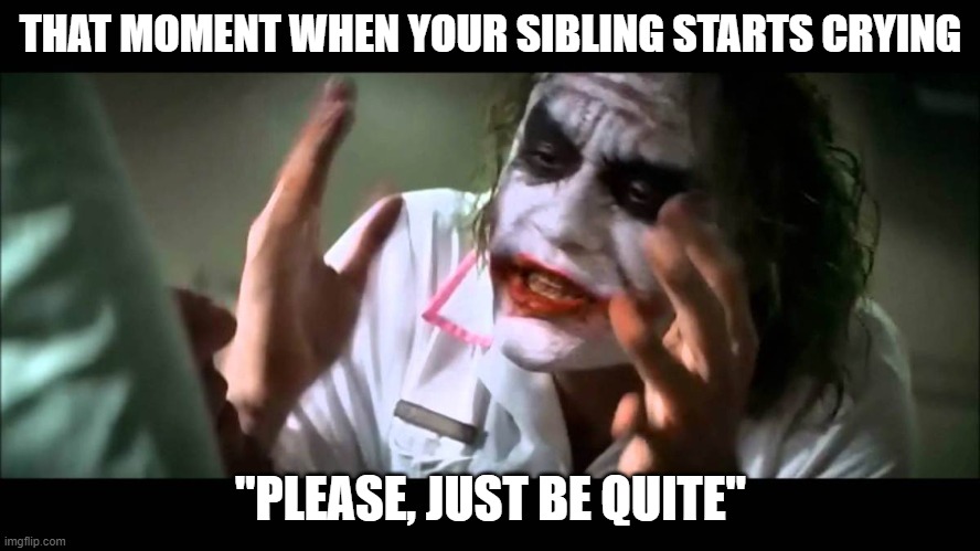Joker nobody bats an eye | THAT MOMENT WHEN YOUR SIBLING STARTS CRYING; "PLEASE, JUST BE QUITE" | image tagged in joker nobody bats an eye | made w/ Imgflip meme maker