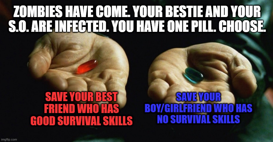 Red pill blue pill | ZOMBIES HAVE COME. YOUR BESTIE AND YOUR S.O. ARE INFECTED. YOU HAVE ONE PILL. CHOOSE. SAVE YOUR BEST FRIEND WHO HAS GOOD SURVIVAL SKILLS; SAVE YOUR BOY/GIRLFRIEND WHO HAS NO SURVIVAL SKILLS | image tagged in red pill blue pill | made w/ Imgflip meme maker