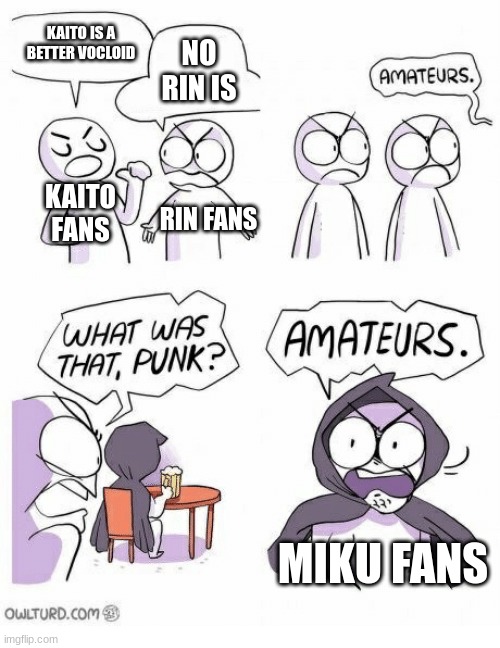 vocaloid fans |  KAITO IS A BETTER VOCLOID; NO RIN IS; KAITO FANS; RIN FANS; MIKU FANS | image tagged in amateurs,funny memes,vocaloid | made w/ Imgflip meme maker