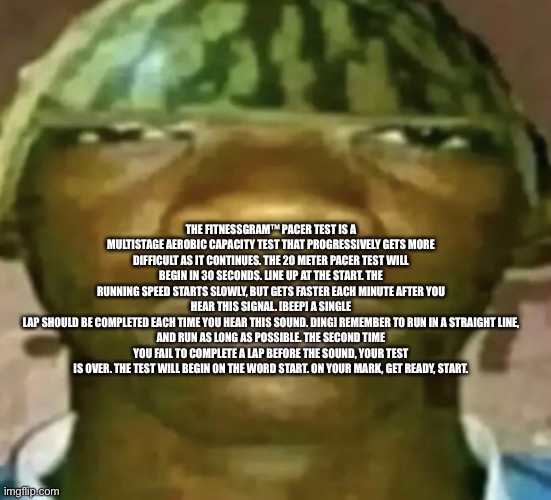 Watermelon Hat | THE FITNESSGRAM™ PACER TEST IS A MULTISTAGE AEROBIC CAPACITY TEST THAT PROGRESSIVELY GETS MORE
DIFFICULT AS IT CONTINUES. THE 20 METER PACER | image tagged in watermelon hat | made w/ Imgflip meme maker