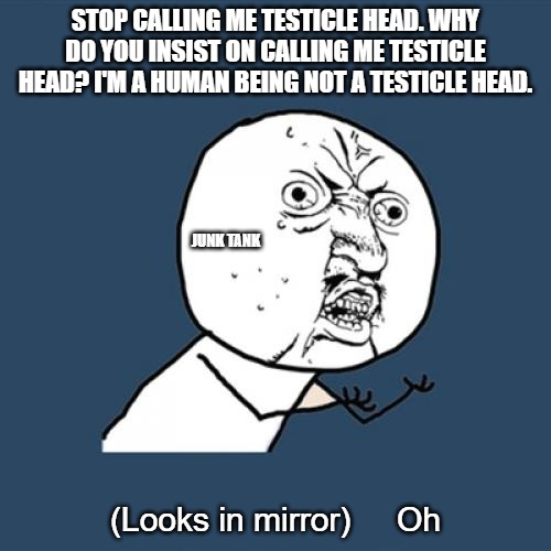 ohhhhhh | STOP CALLING ME TESTICLE HEAD. WHY DO YOU INSIST ON CALLING ME TESTICLE HEAD? I'M A HUMAN BEING NOT A TESTICLE HEAD. JUNK TANK; (Looks in mirror)     Oh | image tagged in memes,y u no,junk tank | made w/ Imgflip meme maker