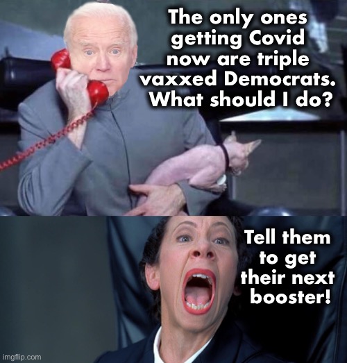 Seems logical | The only ones getting Covid now are triple vaxxed Democrats.  What should I do? Tell them 

to get 

their next 
booster! | image tagged in evil biden frau | made w/ Imgflip meme maker