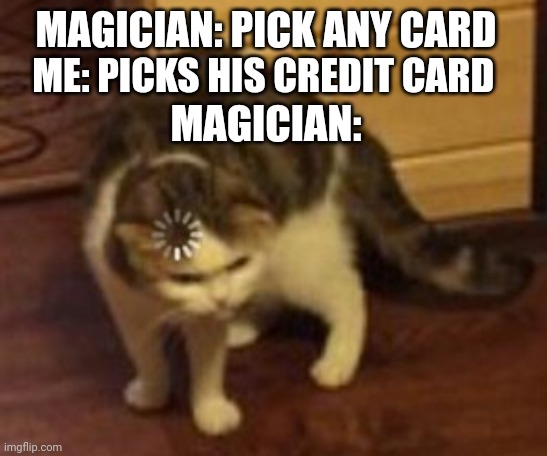 Loading cat | MAGICIAN: PICK ANY CARD; ME: PICKS HIS CREDIT CARD; MAGICIAN: | image tagged in loading cat | made w/ Imgflip meme maker