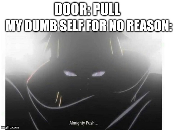 True story. | MY DUMB SELF FOR NO REASON:; DOOR: PULL | image tagged in almighty push,i'm the dumbest man alive | made w/ Imgflip meme maker