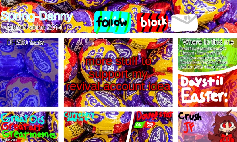 more stuff to support my revival account idea | image tagged in spring-danny easter announcement | made w/ Imgflip meme maker