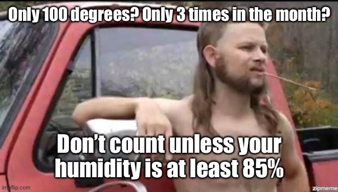 almost politically correct redneck | Only 100 degrees? Only 3 times in the month? Don’t count unless your humidity is at least 85% | image tagged in almost politically correct redneck | made w/ Imgflip meme maker