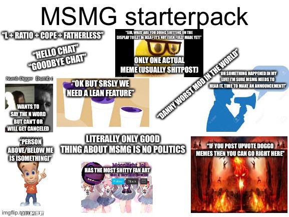 MSMG starterpack | “L + RATIO + COPE + FATHERLESS”; “DANNY WORST MOD IN THE WORLD”; “IF YOU POST UPVOTE DOGGO MEMES THEN YOU CAN GO RIGHT HERE” | made w/ Imgflip meme maker