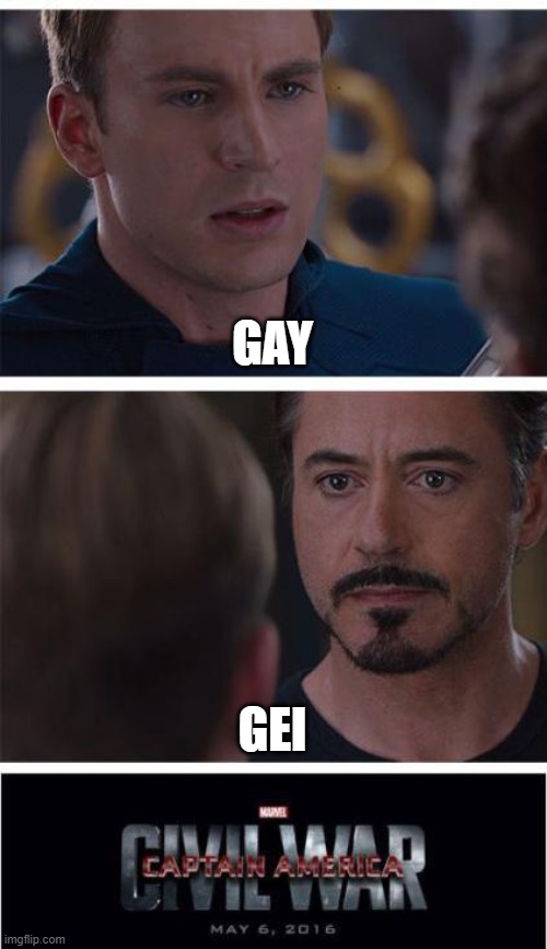 a battle | GAY; GEI | image tagged in memes,marvel civil war 1 | made w/ Imgflip meme maker