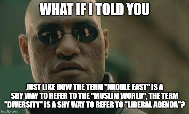 "Diversity" Is A Code Word For Liberal Agenda | WHAT IF I TOLD YOU; JUST LIKE HOW THE TERM "MIDDLE EAST" IS A SHY WAY TO REFER TO THE "MUSLIM WORLD", THE TERM "DIVERSITY" IS A SHY WAY TO REFER TO "LIBERAL AGENDA"? | image tagged in memes,matrix morpheus,middle east,liberals,agenda,diversity | made w/ Imgflip meme maker